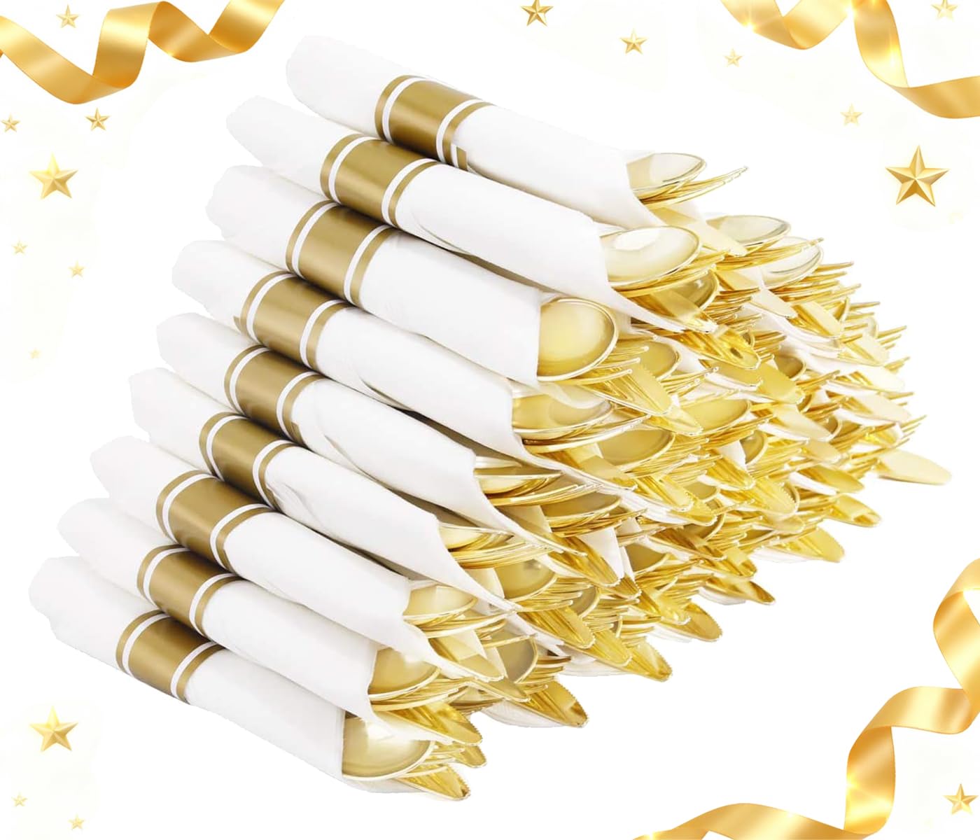 Supernal 60 Pack Pre Rolled Napkins with Gold Plastic Silverware, Premium Disposable Gold Wrapped Cutlery Set Includes: 60 Forks 60 Knives 60 Spoons 60 Napkin for Party