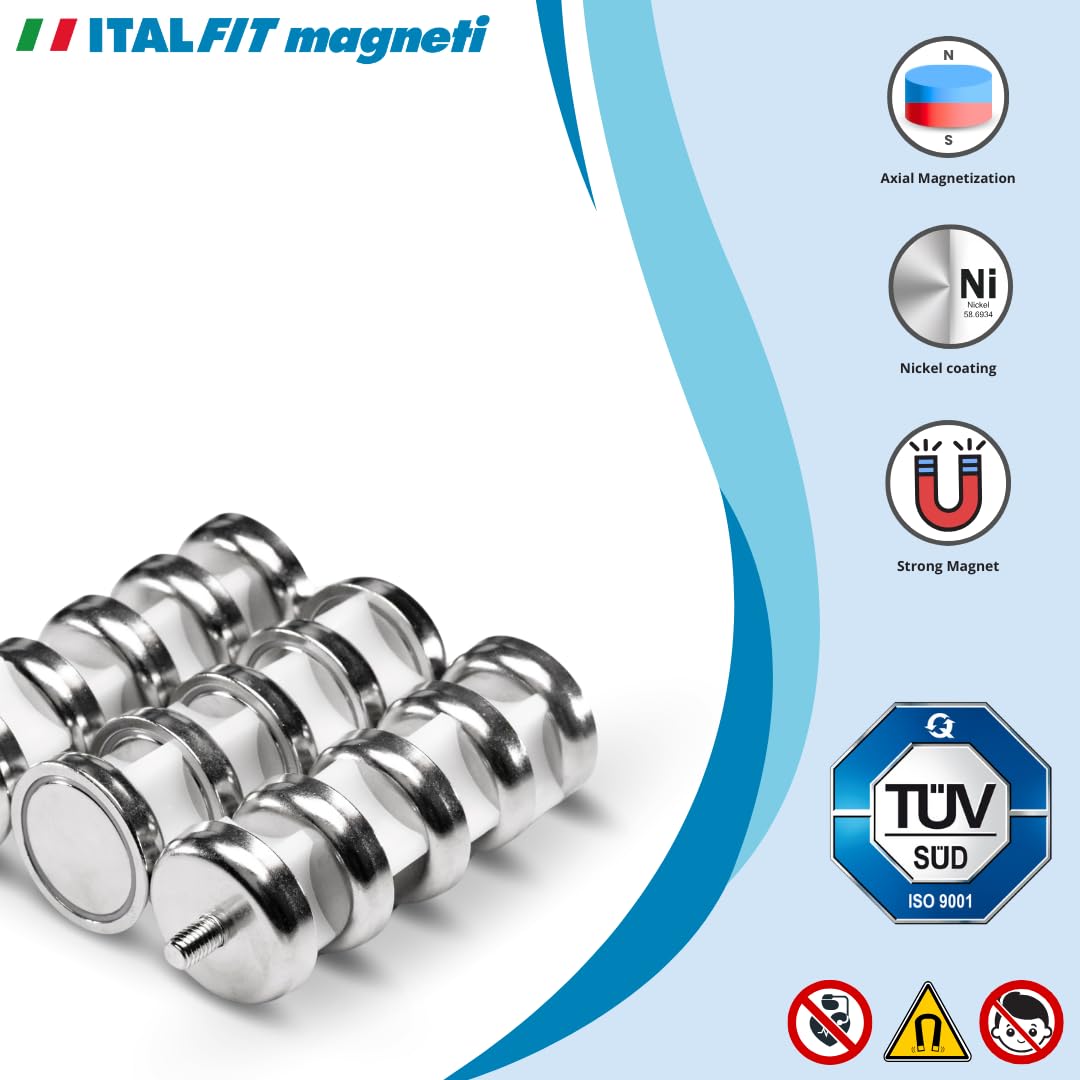 Italfitmagnetisrl | 5 sztuk - Magnesy z gwintowanym trzpieniem neodymowym Siła 15 kg - Średnica 25 mm Grubość 8 mm M5X9 M5X9 do wkręcania