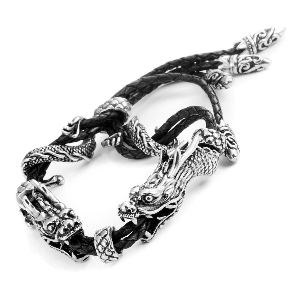 Superbe Cuir véritable en acier inoxydable double dragon Bracelet (réglable, noir, Argent)