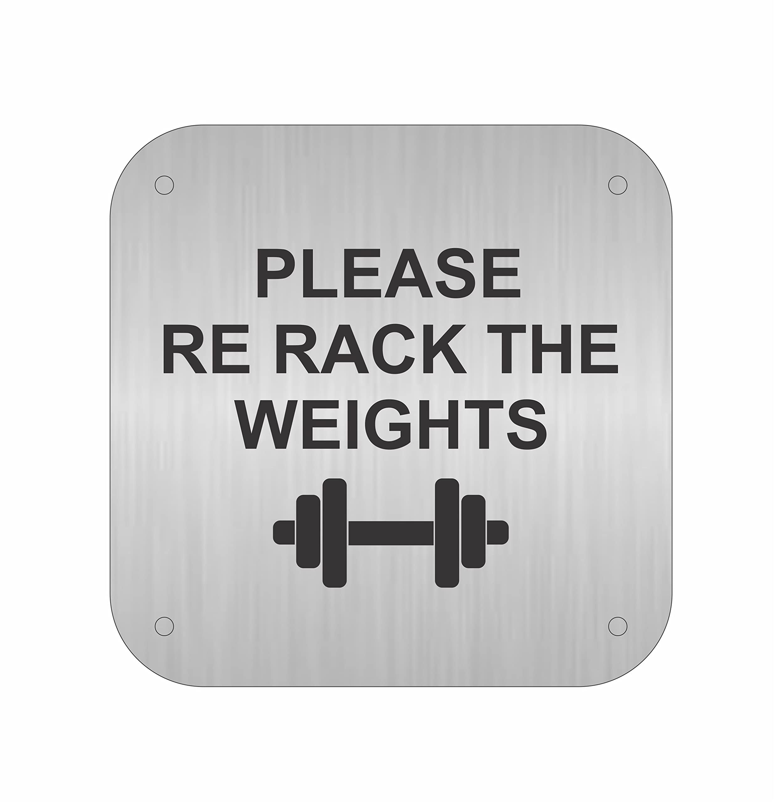 Courtly “Please Re Rack the Weights” Metal Brushed Self-Adhesive Signage Board for Office, Gym & Fitness Areas | Durable Aluminium Sign Plate | Easy Peel & Stick Installation | 6 x 6 Inch