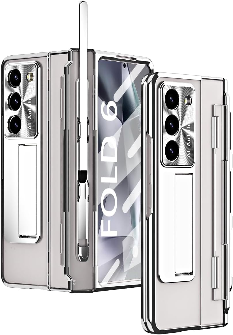 Clear Case for Samsung Galaxy Z Fold 6 5G,Luxury Electroplated Transparent Phone Case W Screen Protector&Kickstand&Pen Holder&Wireless Charging,Full Cover Hinge Protection Shockproof Case (Silver)