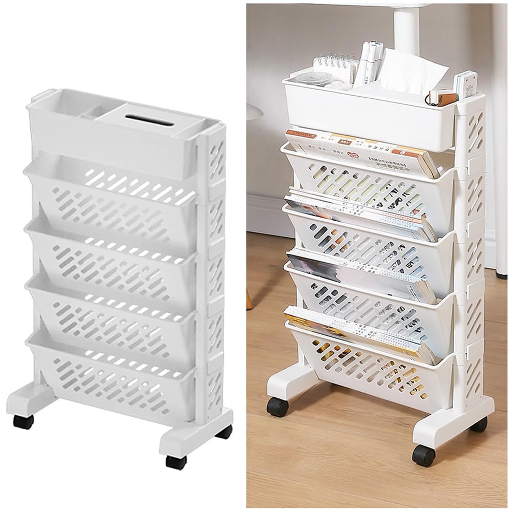 NUODWELL Mobile Bookshelf with Wheels, Multilayer Deskside Bookcase Rotatable Rolling File Cart Organization Shelf for School Classroom Home (5 Tier)