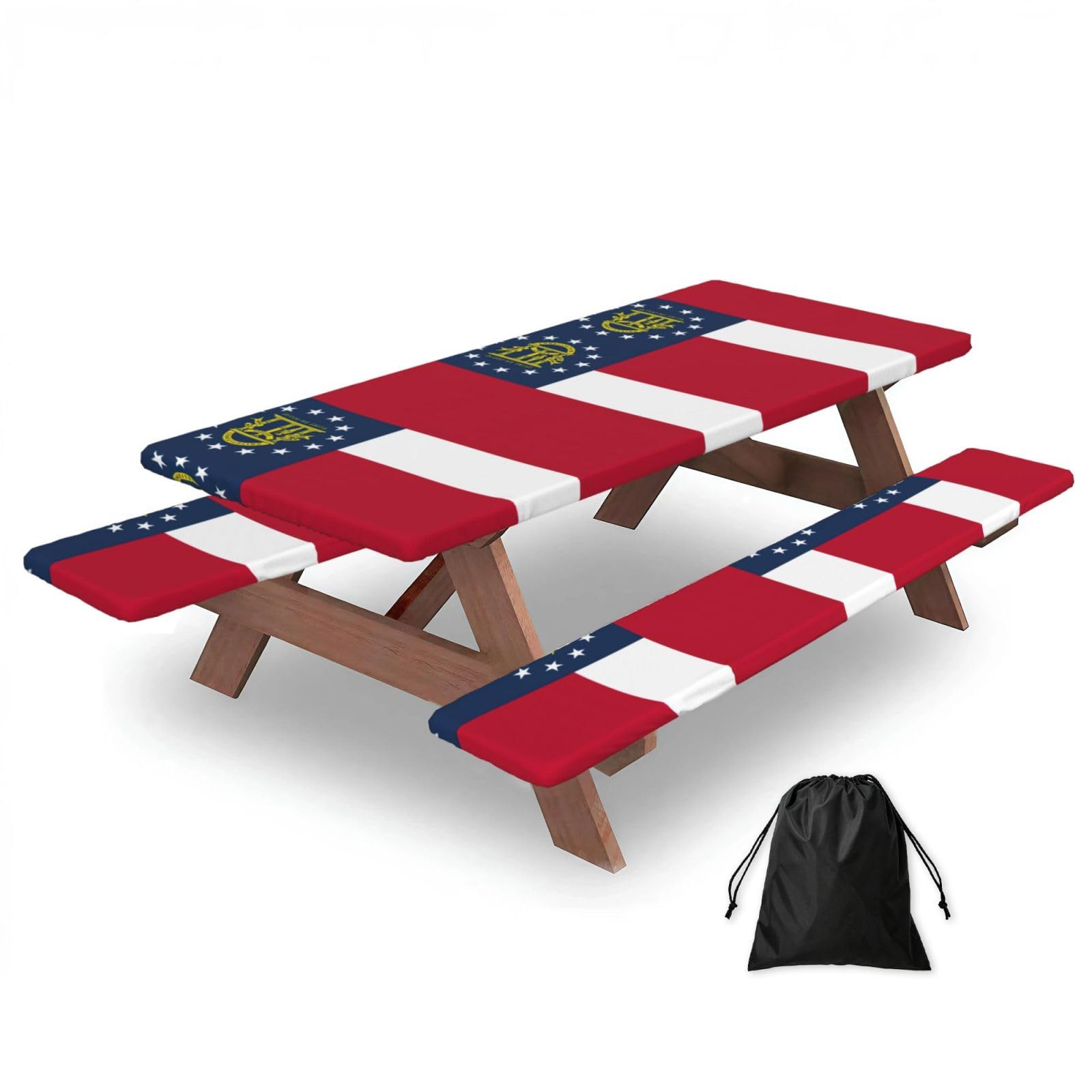 Duwaa Black Georgia State Flag Print 183Cm Picnic Table Cover With Bench Covers, Waterproof Elastic Tablecloth Set For Outdoor
