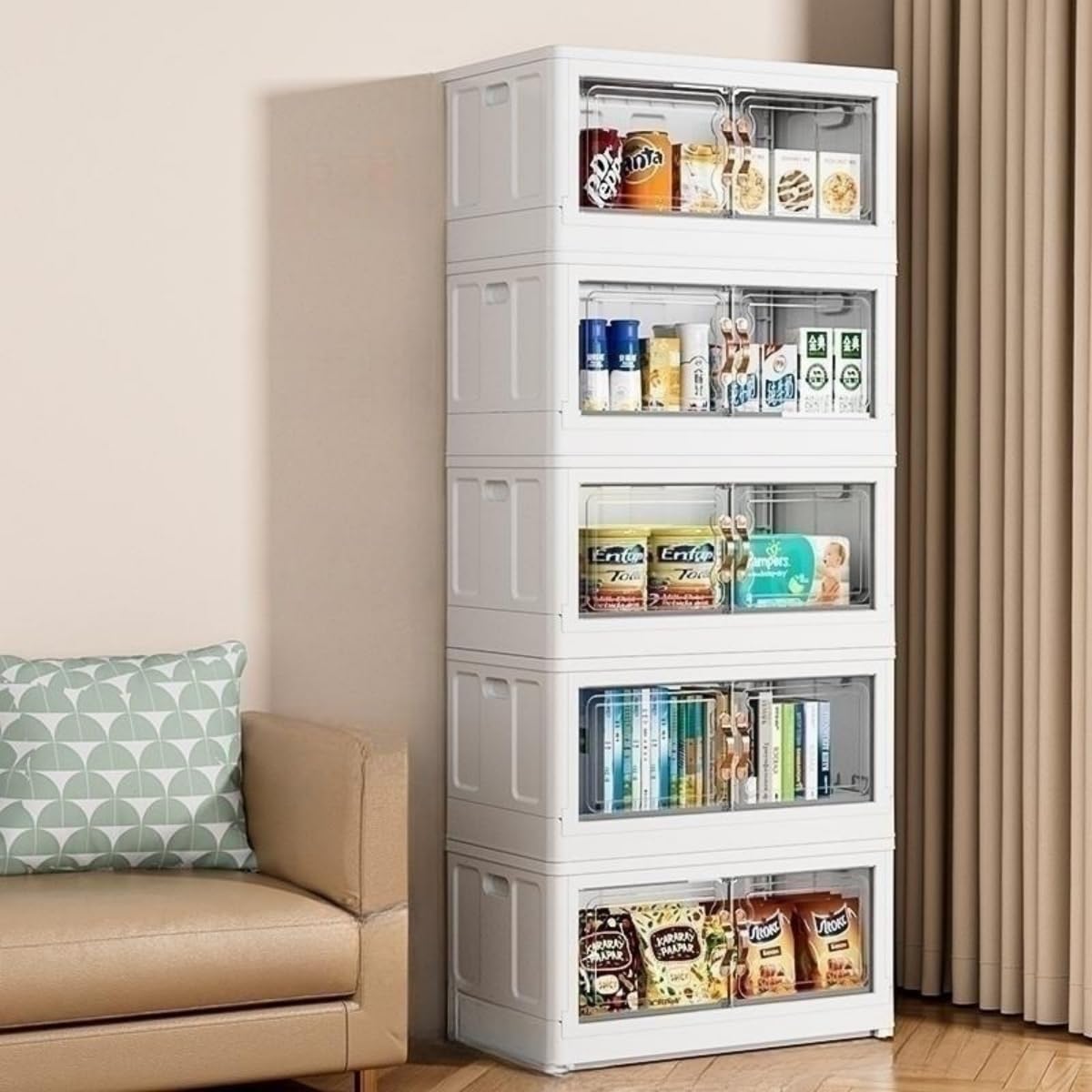 Plastic Storage Bins with Lids - 5 Packs 27Gal Closet Organizers and Storage Trunk, Stackable Storage Bins Open Front Door, Clear Foldable Storage Box