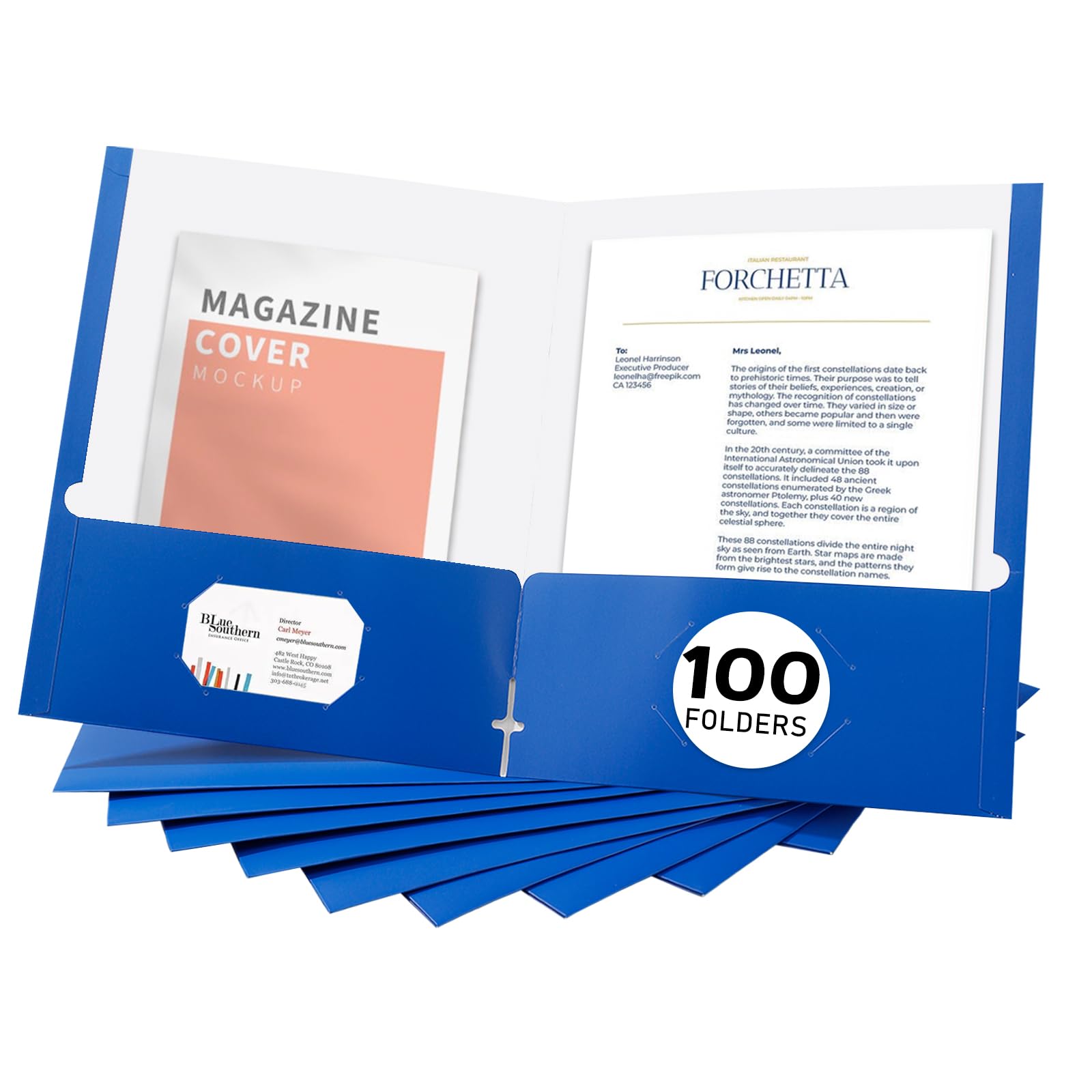 Zzrywuty Lot de 100 dossiers avec poches, format lettre, avec fente pour cartes, deux poches pour étudiants, hommes d'affaires, employés à domicile et de bureau (bleu)