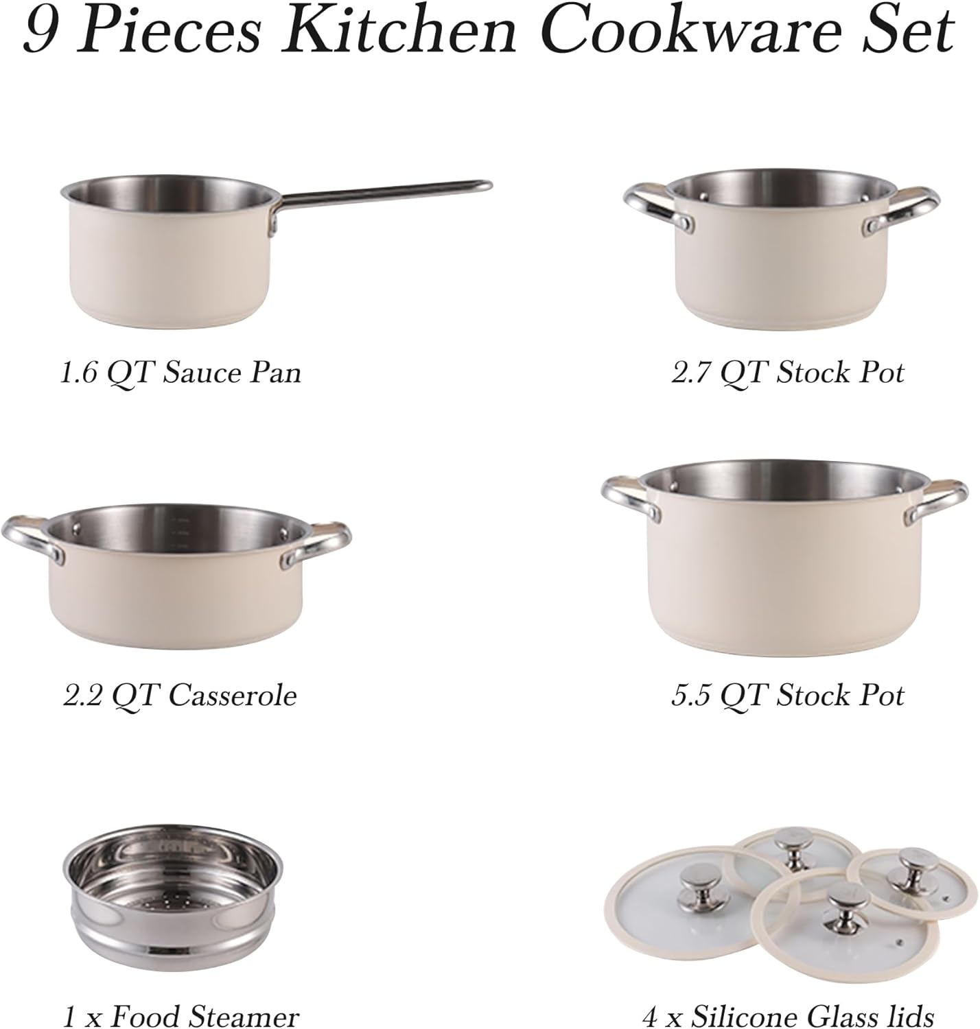 Kitchen Cookware Sets with Steamer Basket, 9-Piece Induction Pots and Pans set Stainless Steel Cookware Set, Induction Pots and Pans For Cooking Pot Set, Dishwasher Safe, Oven Safe 550°F