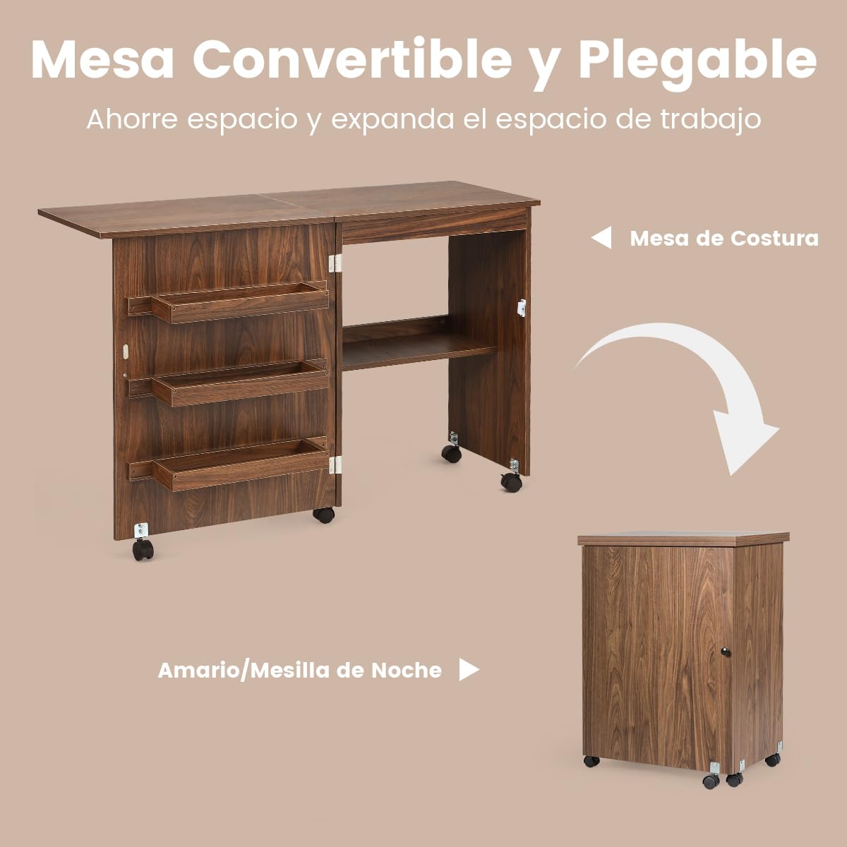 RELAX4LIFE Mesa de Costura Plegable con 5 Ruedas, 4 Estantes de Almacenamiento y Frenos, Mesa para Máquina de Coser de MDF, Mesa Multifuncional para Salón, Dormitorio, 118,5x40x79,5cm (Marrón)