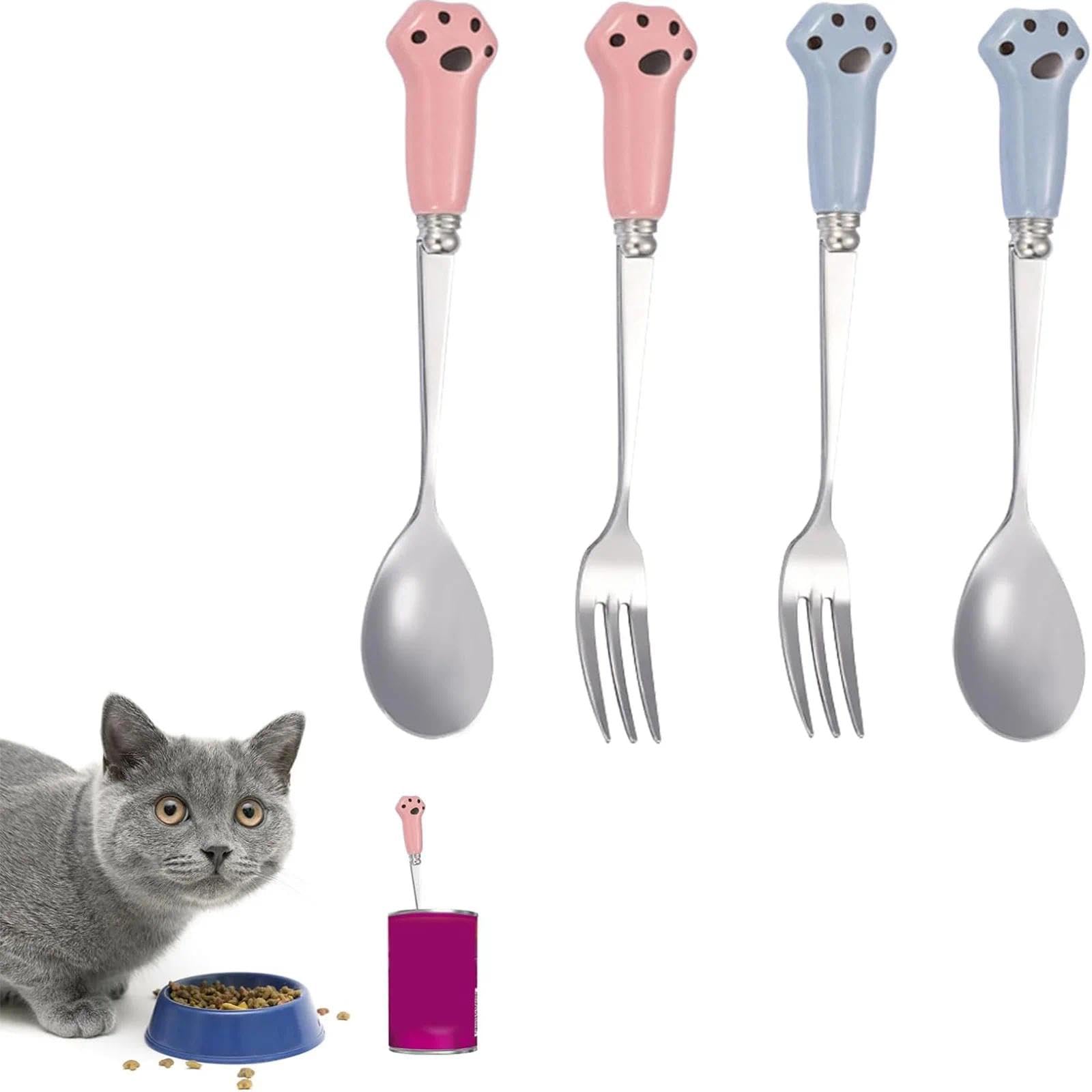 AXNKDH Set Of 4 Small Spoons, Cat Food Fork Set, Dog Food Spoons, Stainless Steel, Perfect For Pet Feeding (Blue, Pink)