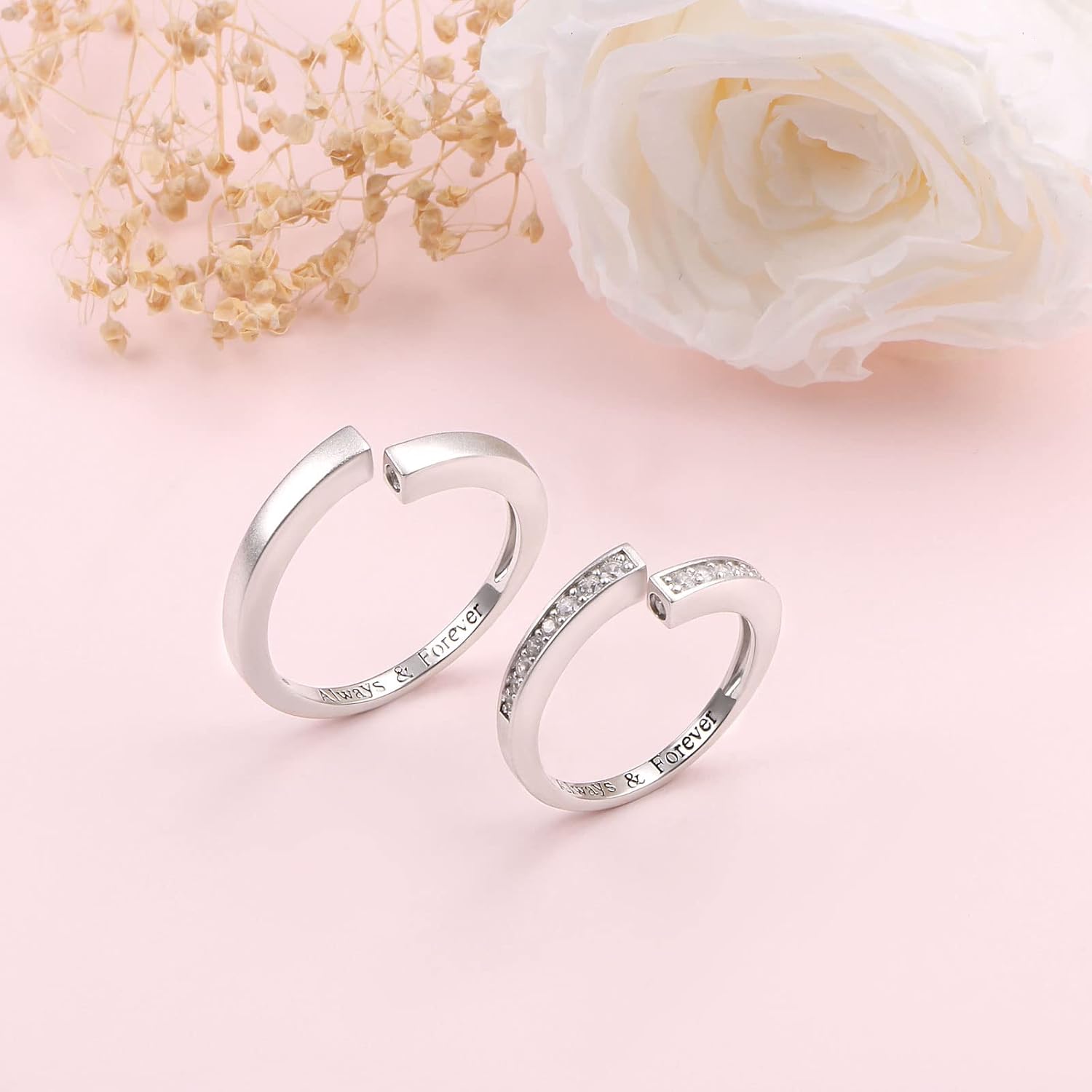 Yearace Couple Rings, 925 Sterling Silver Promise Ring for Couples Romantic Love Couples Jewelry Gifts, Adjustable Engagement Wedding Ring for Him and Her