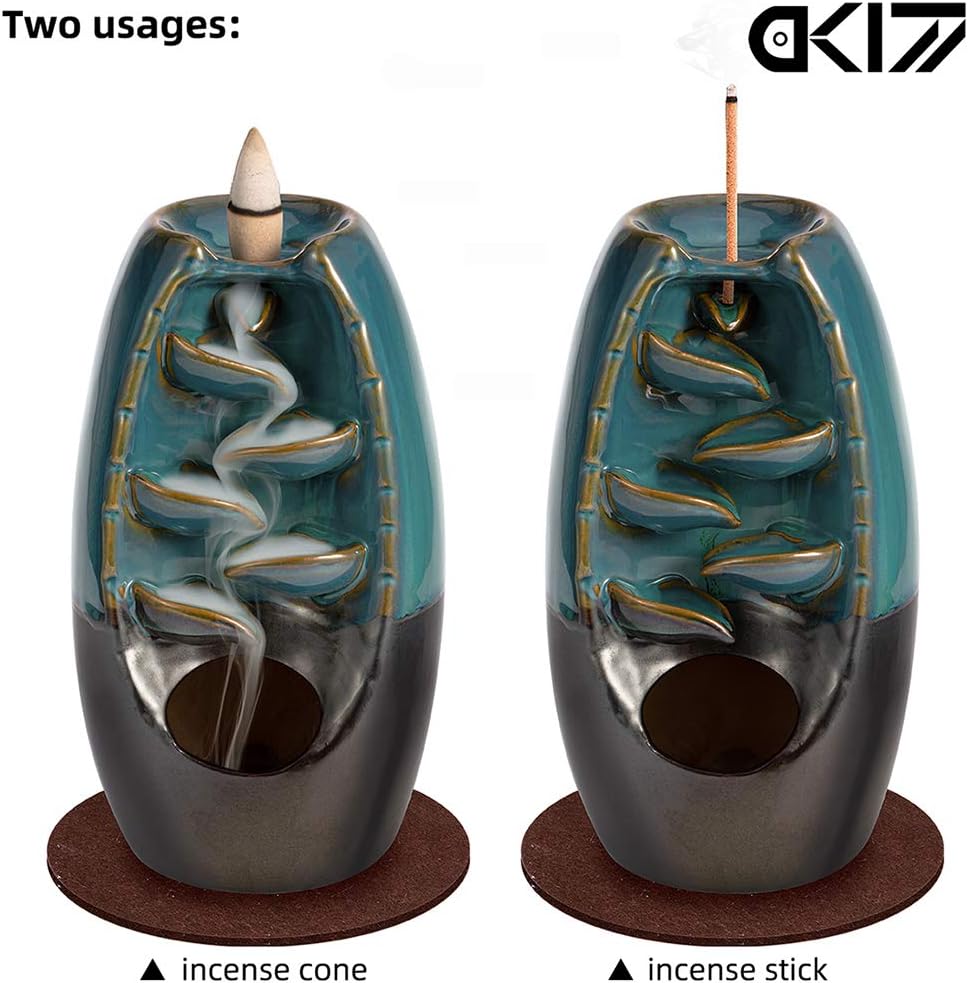 DK177 Waterfall Incense Holder Backflow Cone Ceramic Burner Handcrafted Porcelain Censer Incense Stick Stand with 20 Free Cones