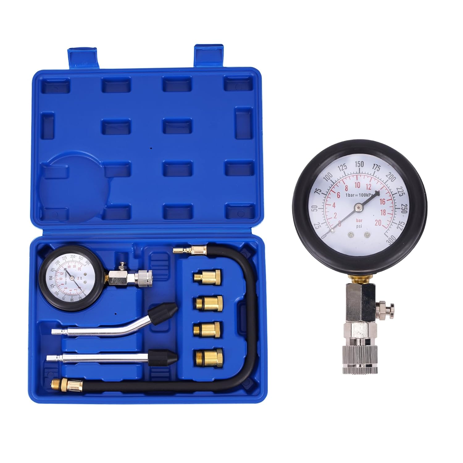 MOCA 8 PCS Compression Tester Kit Petrol Gas Engine Cylinder Pressure Gauge of 0-300 Psi, with Portable Storage Case, Automotive Tool for Motorcycle Car Truck, M10 M12 M14 M18(Blue)