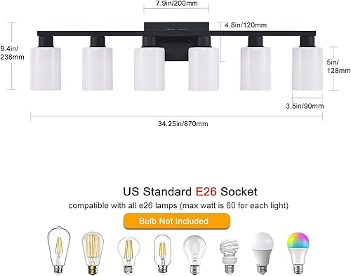 Miniatura 2 de Lámpara de tocador de baño de 6 luces negras, iluminación negra mate para espejo, lámparas de baño rústicas con vidrio esmerilado blanco lechoso,