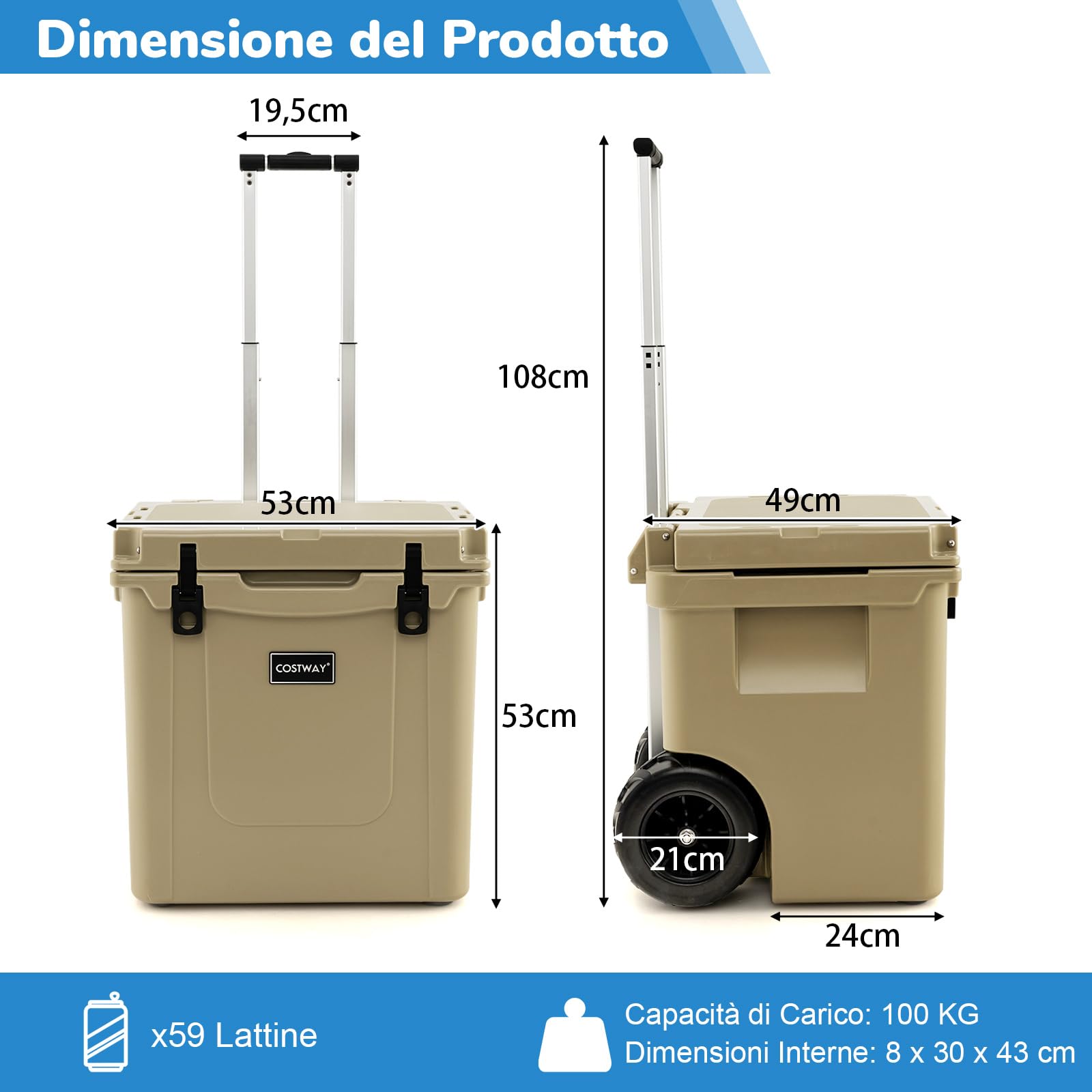 COSTWAY Borsa Frigo Portatile da 43 L, Ghiacciaia Portatile con Ruote, Maniglia in Alluminio, Apribottiglie, Frigo Portatile per Campeggio, Pesca, Viaggi, Spiaggia