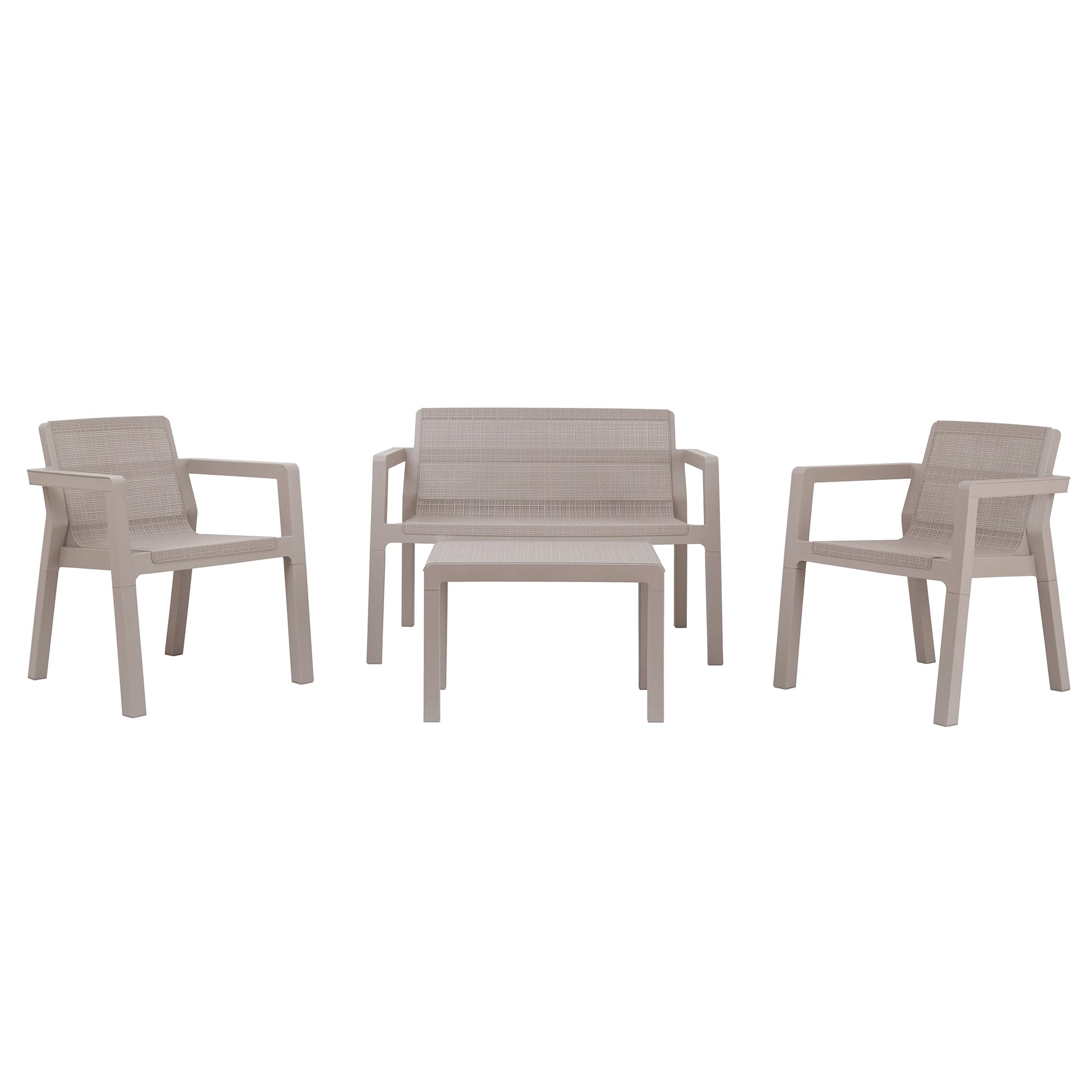 Toomax Set Salotto da giardino Riviera 4 posti grigio tortora, in polipropilene effetto juta, 2 poltrone con schienale ergonomico, divanetto da 2 posti e tavolo, ideale per terrazzi e spazi esterni