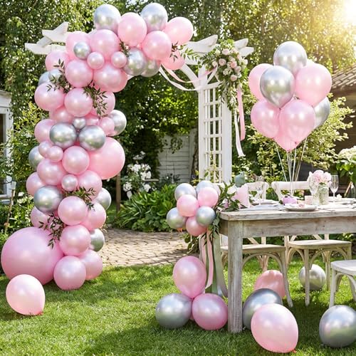 Image of RUBFAC Pearl Pink Balloons 129pcs Different Sizes Pack of 18 12 10 5 Inch, Latex Balloon Garland Arch Kit for Wedding Princess Birthday Party Baby Shower Engagement Bachelorette Decorations