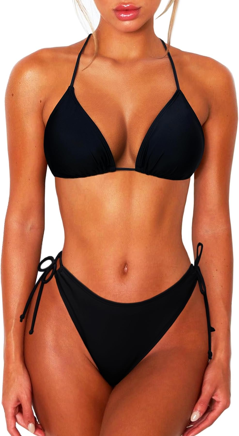 2 Piece Bikini Sets for Women Halter Triangle Bikini Tops Brazilian String Swimsuit Full Coverage Bottom Bathing Suit