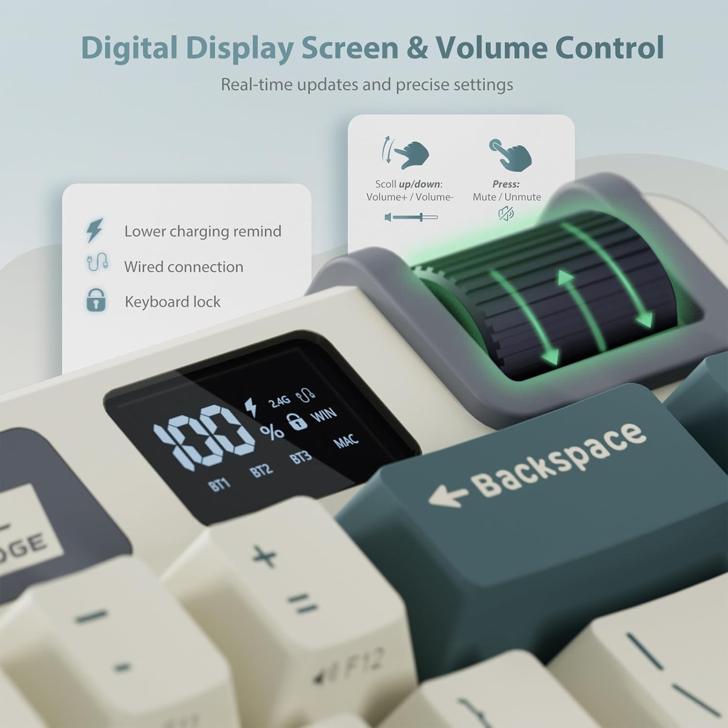 RK ROYAL KLUDGE M70 Wireless Mechanical Keyboard with Macro Keys 2.4GHz/Bluetooth/Wired 75% Gaming Keyboard with 6000mAh Battery Gasket-Mount Display & Knob RGB Hot-Swappable Soft Tactile Beige Switch - Image 4