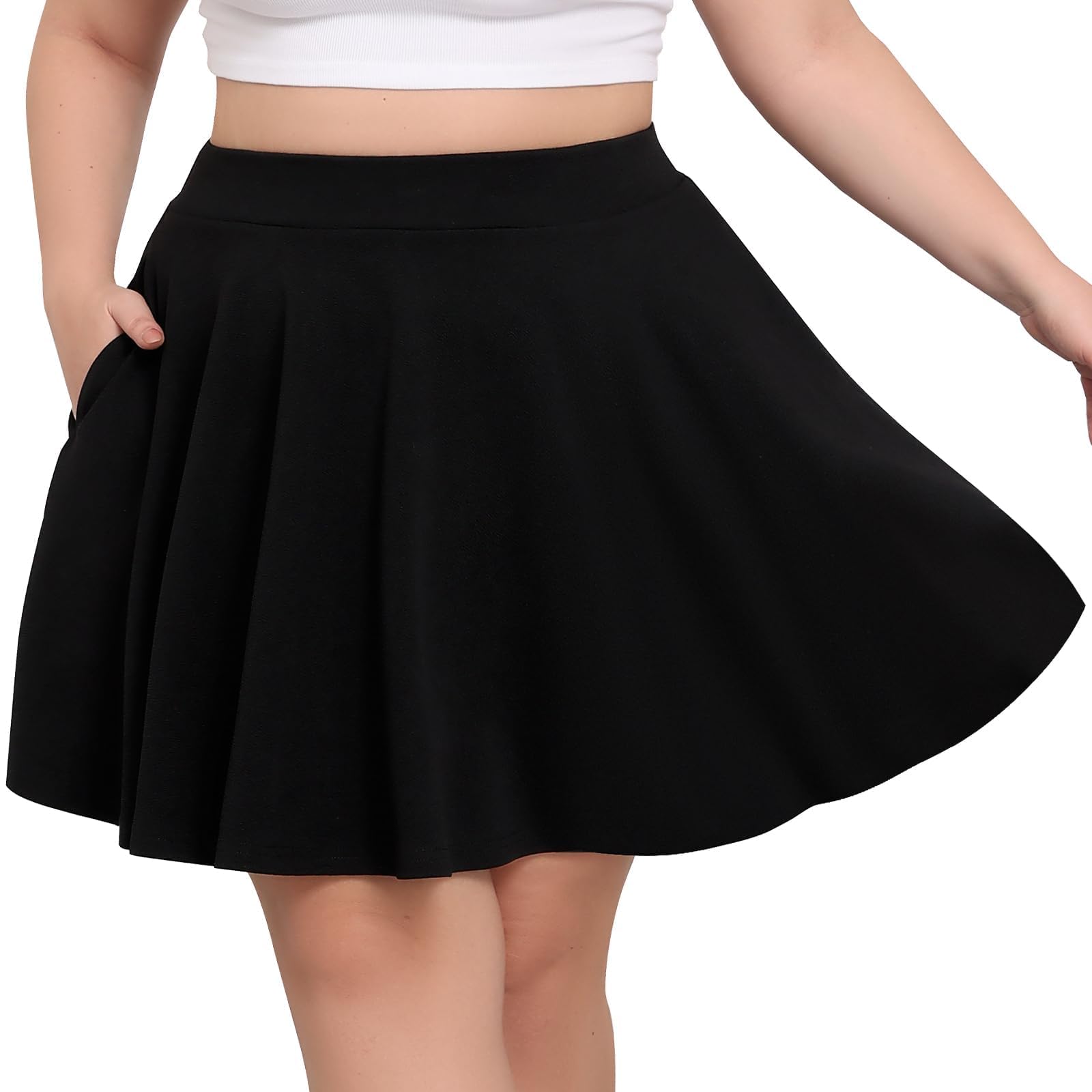 Minifalda de patinadora básica versátil para mujer, talla grande, elástica, acampanada, casual, con bolsillos
