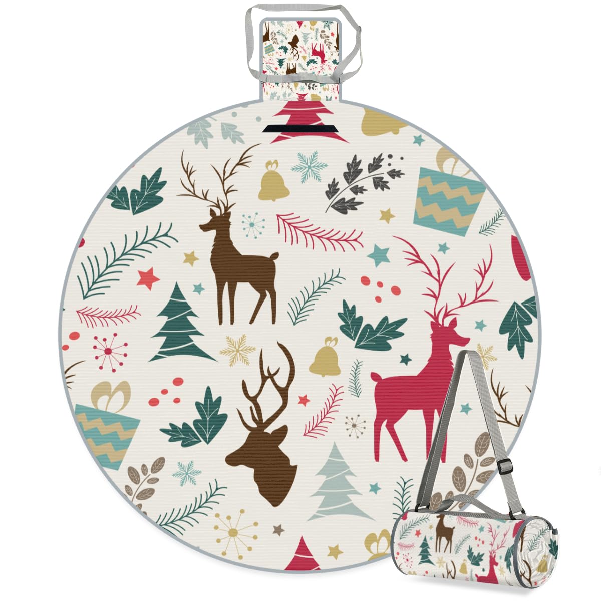 Shimoshe Christmas Deer Picnic Outdoor Blanket Foldable Waterproof Sandproof Beach Blanket Portable Water-Resistant Round Picnic Mat for Travel Camping Park Lawn