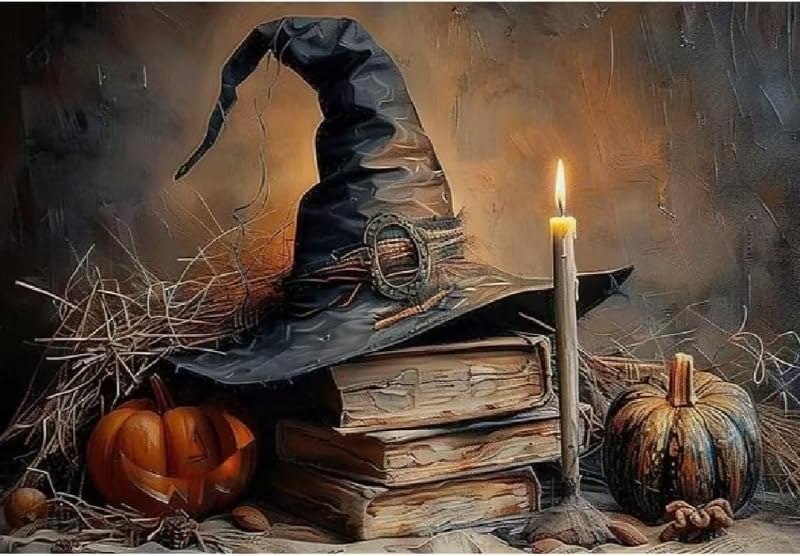Image of Eiazuiks Halloween Stamping Cross Stitch Kit, Witch Halloween Counting Cross Stitch Kit for Adult Beginners, Full Line DIY Stitching Kit for Home Decor Cross Stitch Patterns 12x16 inches