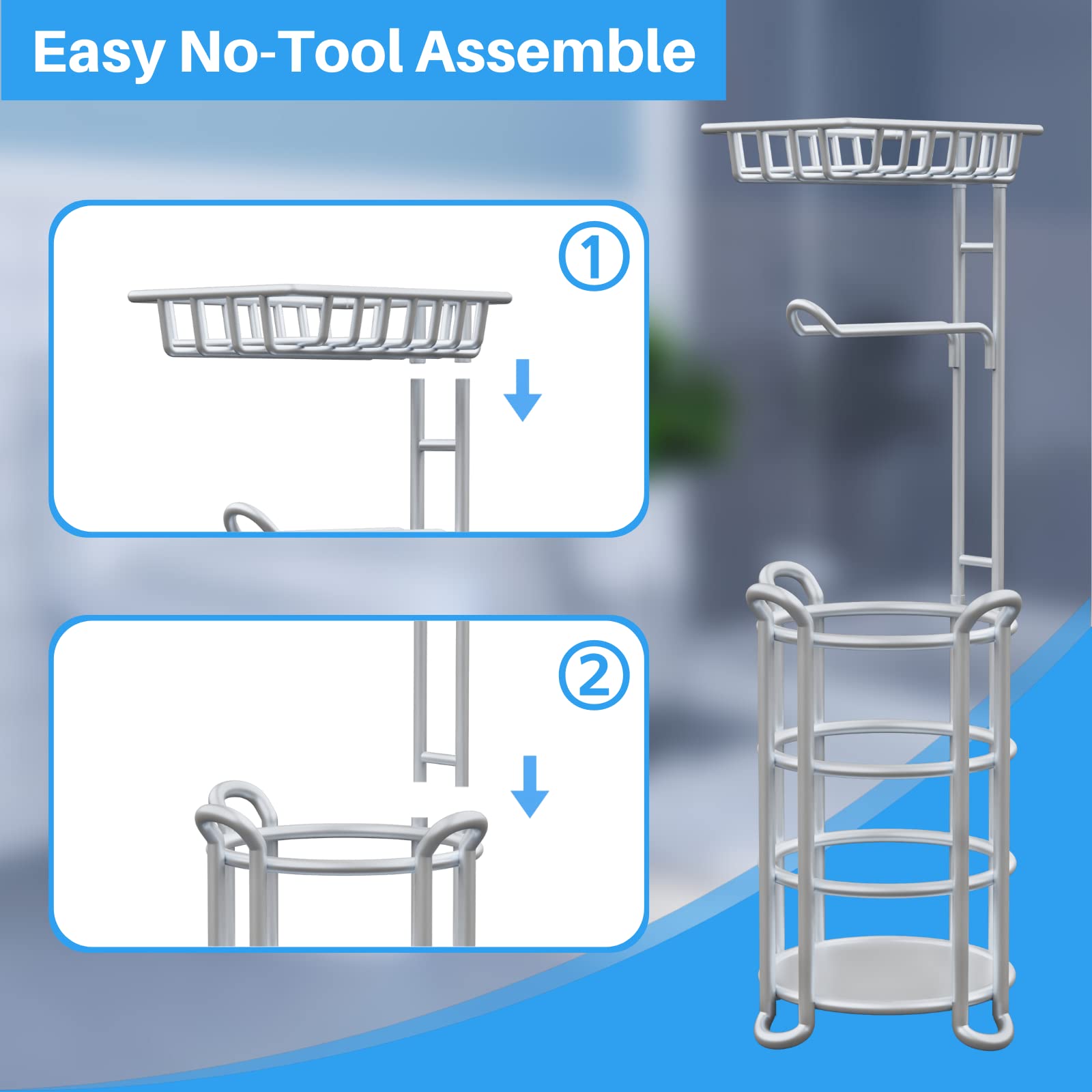 Toilet Paper Holder Stand with Shelf for Phone, Free Standing Tissue Roll Storage and Dispenser Rack for 4 Mega Rolls, Silver Gray
