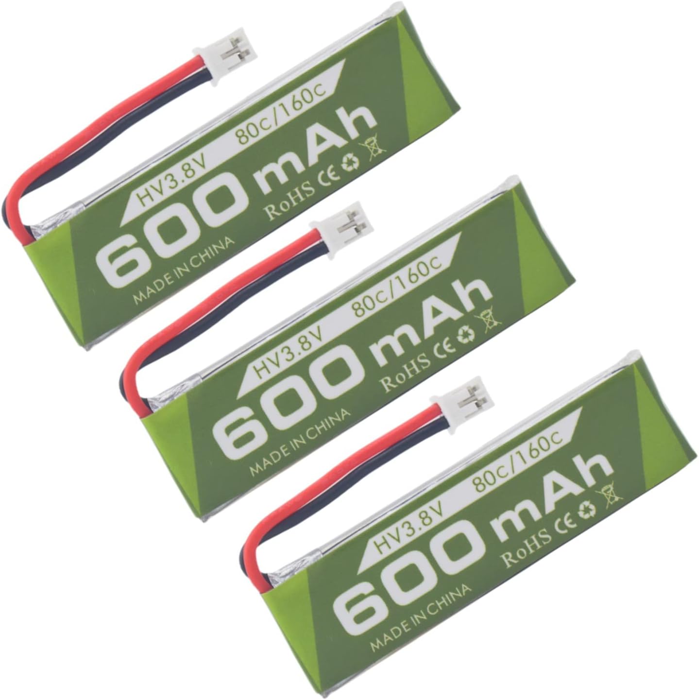 Fytoo 3PCS 1S 3.8V 80C 600mAh Lithium Battery with JSTPH 2.0 Plug