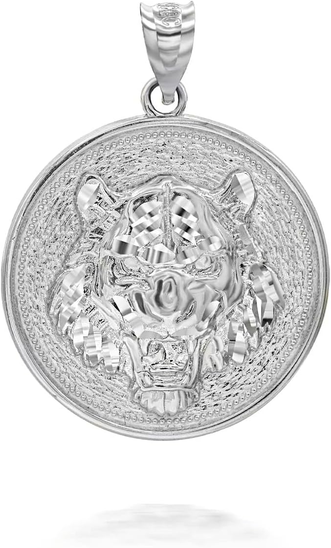 .925 Sterling Silver, 10K or 14K Yellow, White, or Rose Gold Roaring Tiger Head Medallion Round Pendant - Choice of Metal