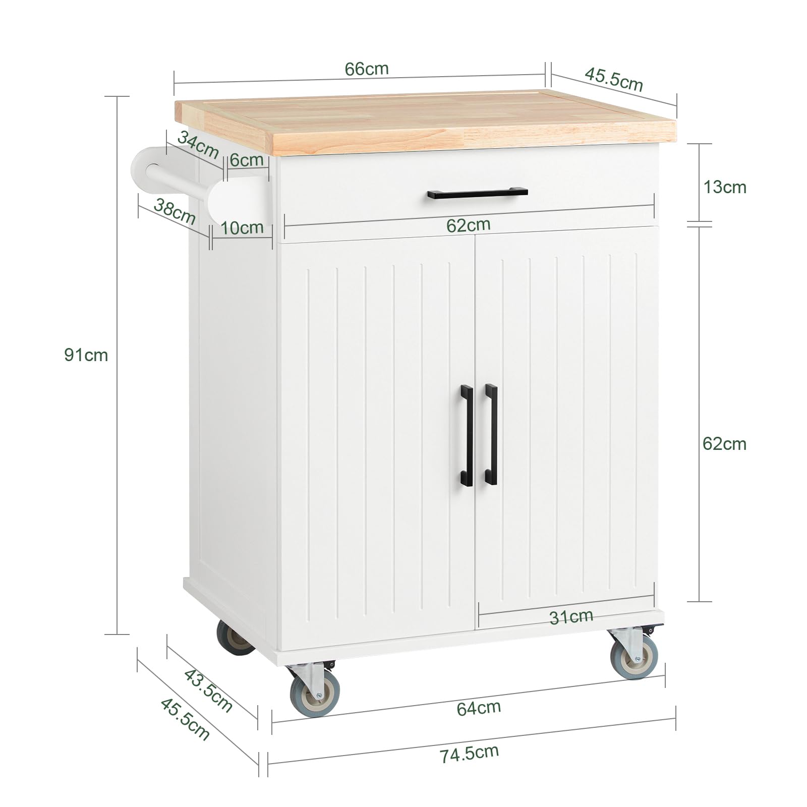SoBuy Carrito de Cocina con Ruedas, Mesa Auxiliar con encimera de Madera de Caucho, Mueble Auxiliar de Cocina de MDF, Isla de Cocina con cajones – 74x91x46 cm, FKW119-WN