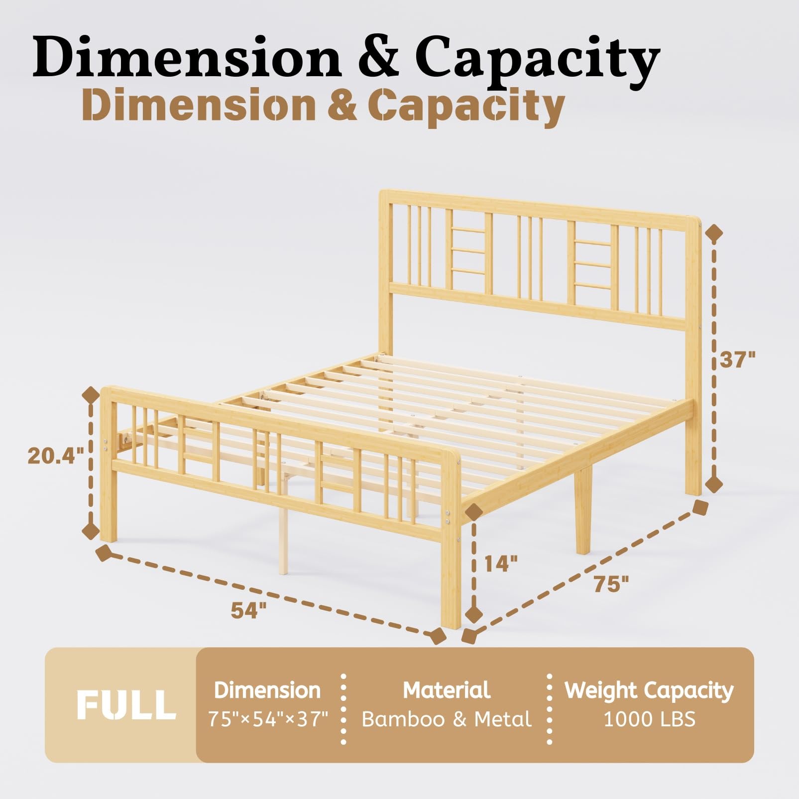 Zinus Ellie Struttura Letto 160x190 cm con Testiera in Bambù - Altezza 36 cm - Doghe Letto Matrimoniale Legno con Spazio Sottostante - Facile da Montare - Marrone