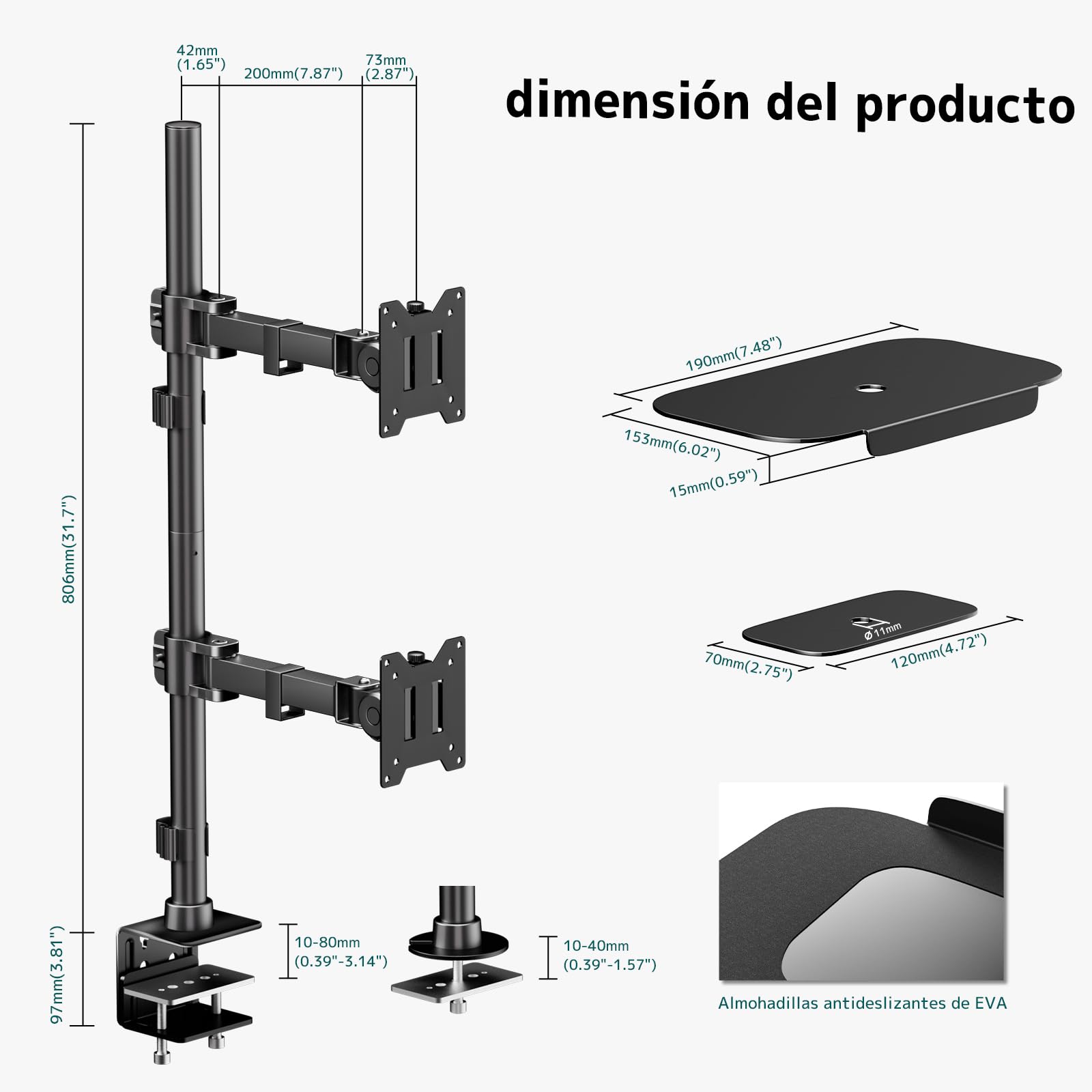 Soporte de Monitor Doble Robusto – Brazo Articulado Totalmente Ajustable para Pantallas Planas y Curvas de 17″ – 49″ Pulgadas, Soporta hasta 20 kg por Brazo, Montaje VESA de Liberación Rápida