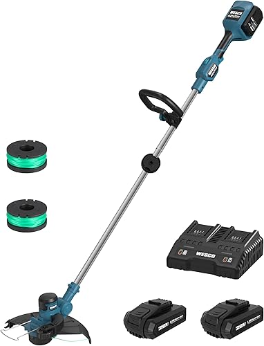 WESCO Cortadora de céspedbordeadoramini cortadora (2 baterías de 2.0 Ah y cargador incluidos), 40 voltios, diámetro de corte de 13 pulgadas, asas