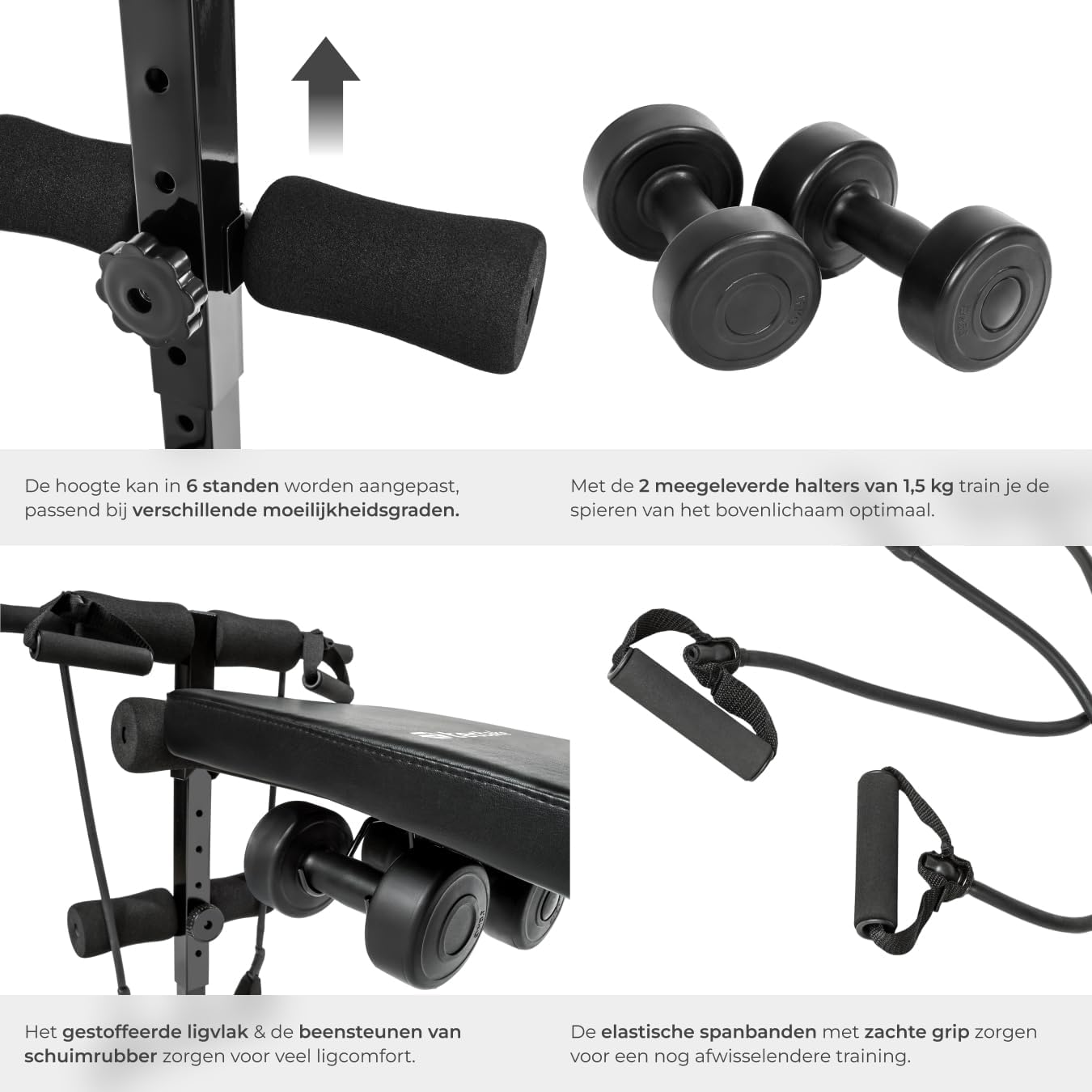 Close-up of the height adjustment mechanism, dumbbells, and resistance band handles.