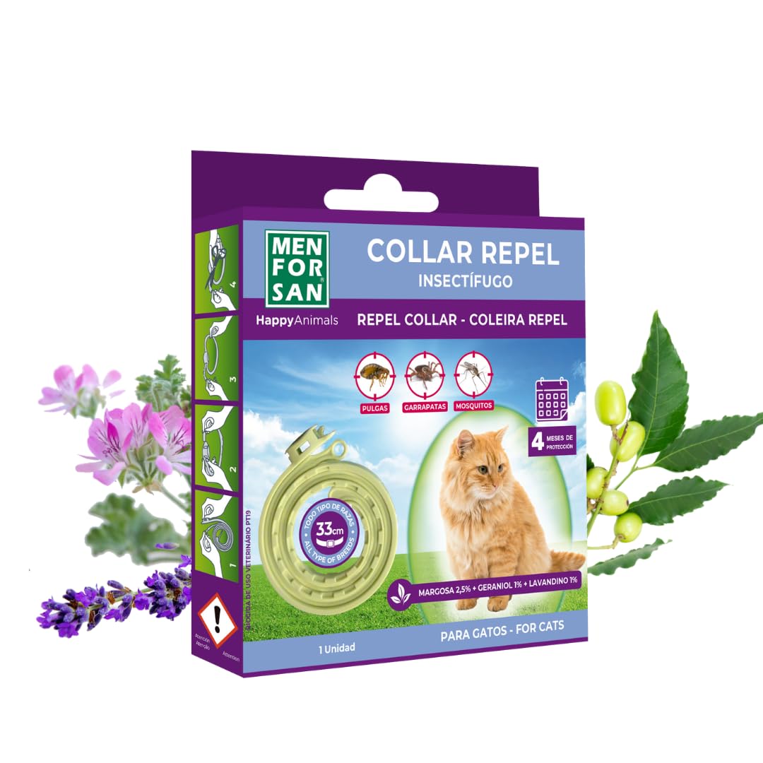 MENFORSAN Collar Antiparasitos Para Gatos Con Ingredientes Naturales Margosa, Geraniol Y Lavandino, Cítrica, Amarillo, 30 cm