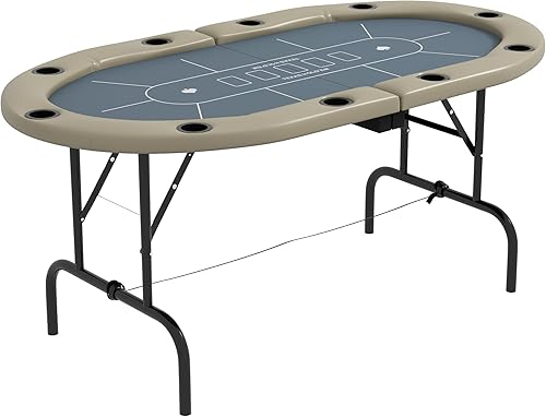 Soozier Mesa de póquer plegable, 70 pulgadas ovalada Blackjack Casino Texas Holdem mesa de juego de póquer para 10 jugadores con portavasos azul y