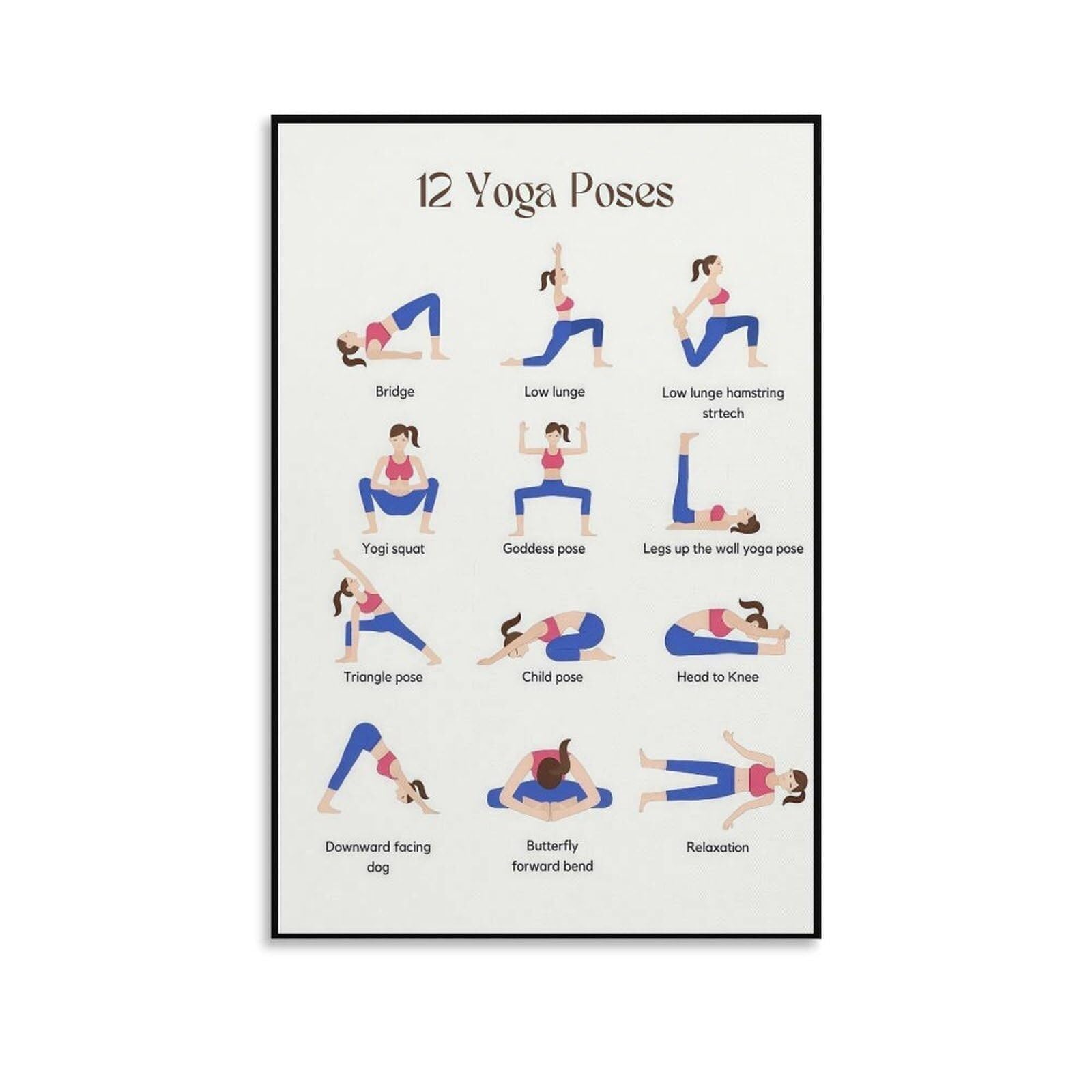 HGETJOHXEM Hatha Yoga Poses Poster, 12 Essential Asanas Wall Chart, Minimalist Yoga Studio Office Decor(Framed,16x24inch(40x60cm))