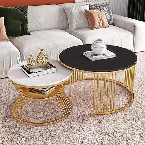 Image of Brown Art SHOPPEE Round Coffee Table Home Decor Furniture Coffee Table Sets,2 Piece MDF Top,Stacking Nesting Table with Iron Frame for Living Room Living Room or Lounge (Gold & White, Black)