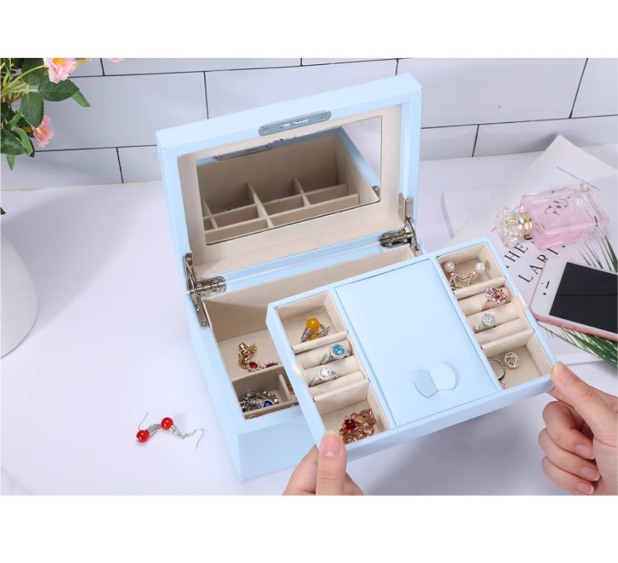 Caja De Joyería Joyero con Cerradura Joyero con Espejo Organizador De Joyas 2 Capas Vitrina De Joyas Organizador De Joyas(Blue)