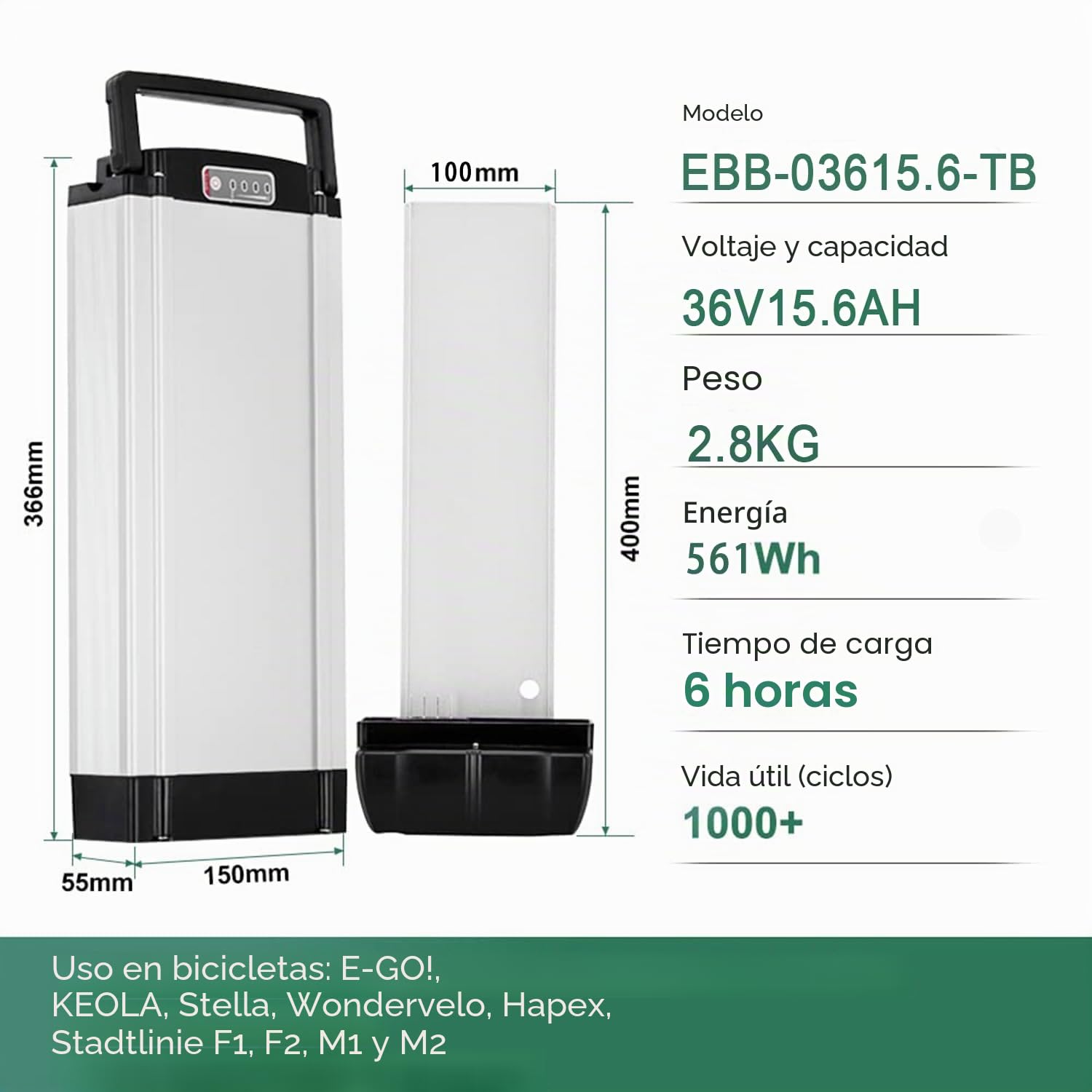 E-Bike 36V 15.6Ah 561Wh Lithium-Ion Rear Battery for para E-GO! Wondervelo, Hapex Electric Bicycle Pedelec, with Charger