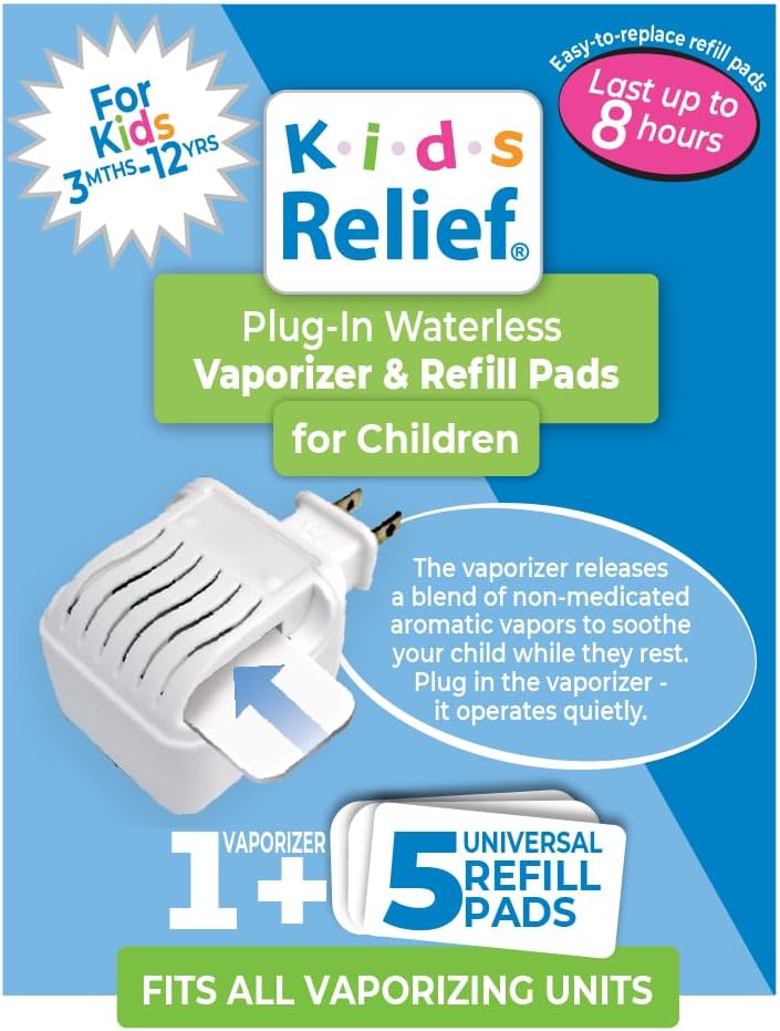 Plug-in Waterless Vaporizer + 5 Soothing Non-Medicated Lavender Menthol Eucalyptus Vapor Refill Pads, 1 ct