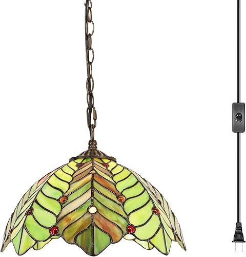 Lámpara colgante de vitral enchufable, lámpara colgante de vitrales de 12 pulgadas, cadena de 39 pulgadas, cable de 15 pies para sala de estar,
