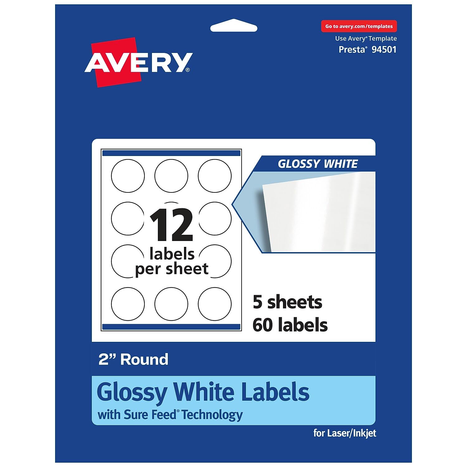 Avery Round Labels, Sure Feed Technology, 2" Diameter, 60 Glossy White Labels (36495)