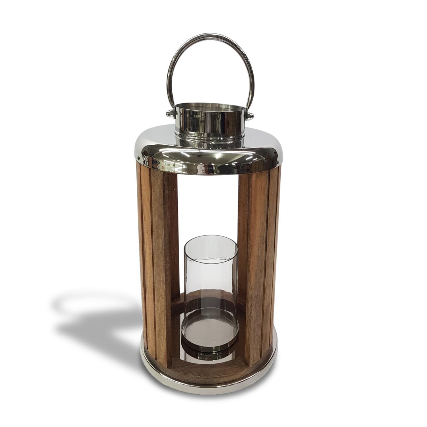 Rustic Mango Wood Stainless Steel Lantern Glass Hurricane Candle Holder 48Cm from B&Q