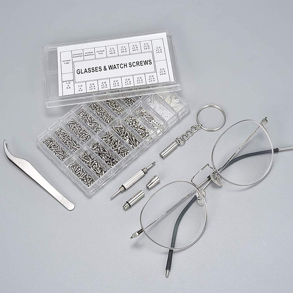 MMOBIEL 1000 pezzi in acciaio inox, micro viti, dadi, rondelle, occhiali da sole, set di riparazione con cacciavite e pinzette in metallo