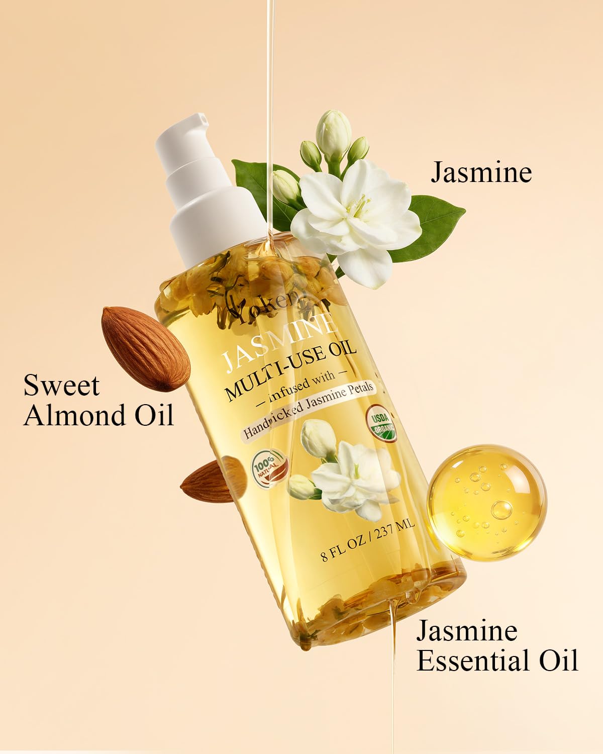 Olio corpo biologico multiuso per pelle, viso, capelli e unghie, con petali di gelsomino raccolti a mano, olio essenziale di gelsomino e vitamina E e olio di mandorle, nutriente e idratante, per