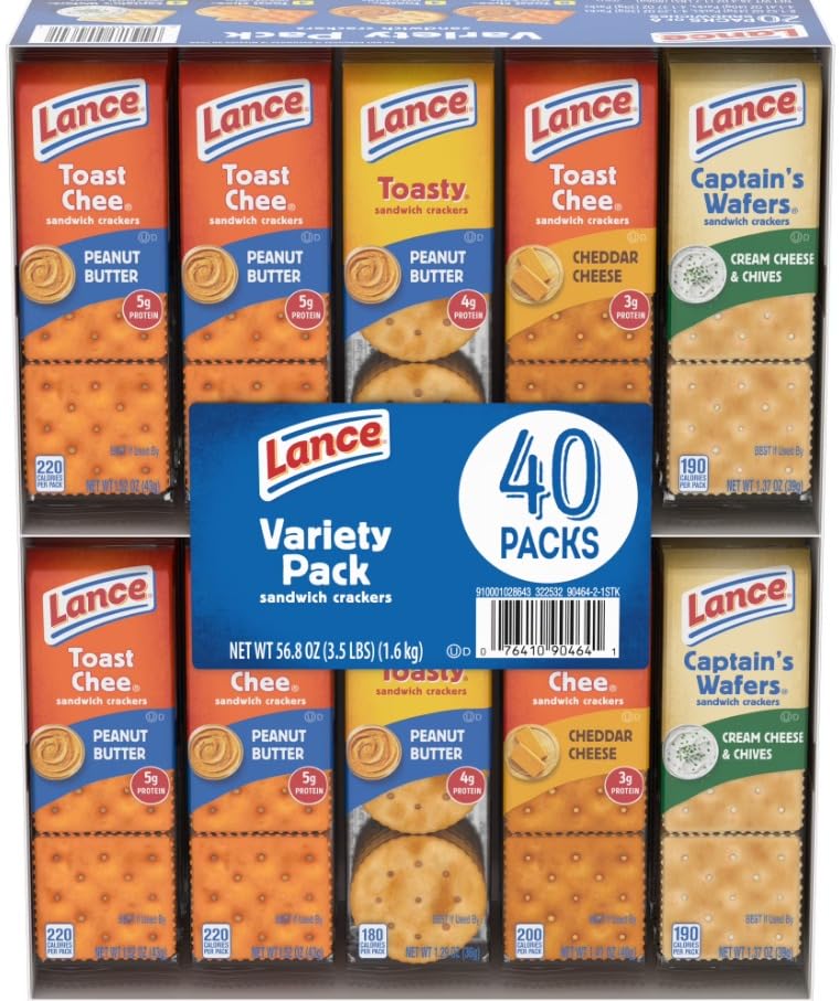Lance Sandwich Crackers, Variety Pack, 4 Flavors, 40 Individually Wrapped Packs, 6 Sandwiches Each