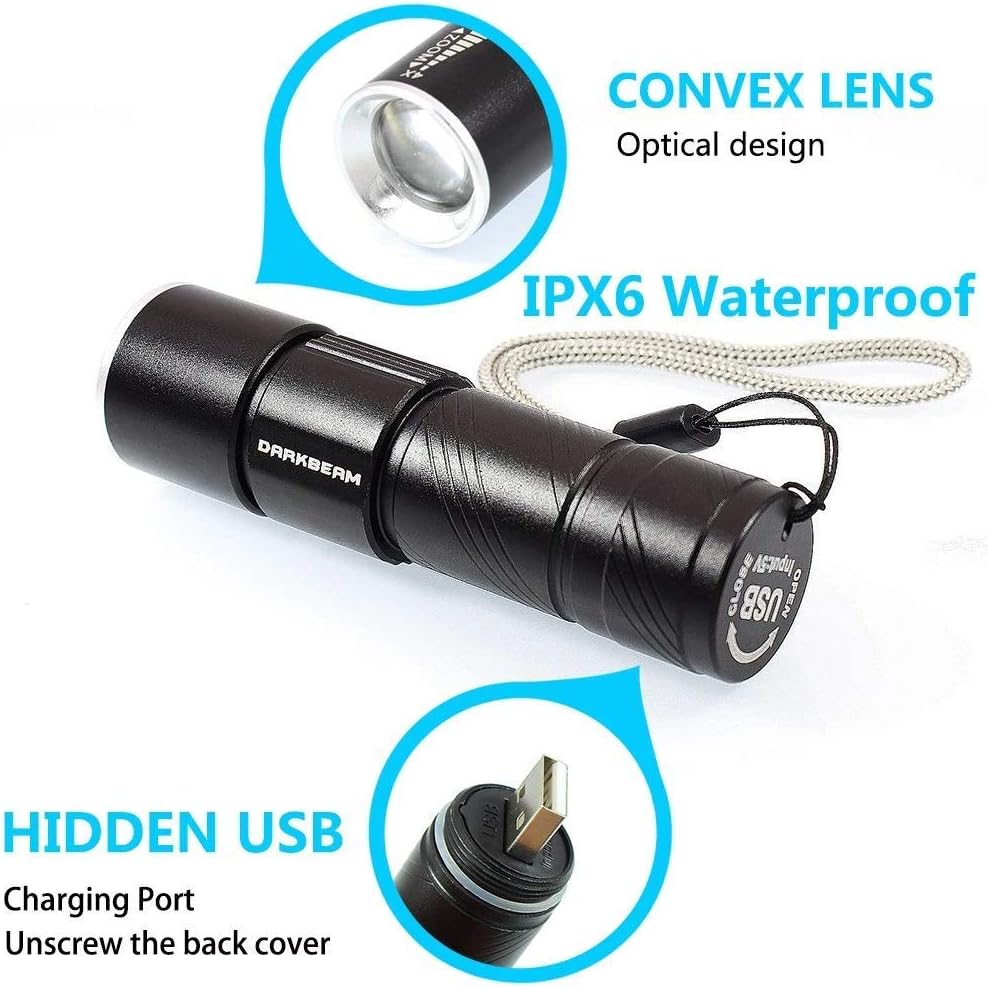 Mini USB Rechargeable Flashlight (2-Pack) Multifunctional Torch Waterproof IPX6 for Outdoor Night Riding/Camping/Emergency - Black