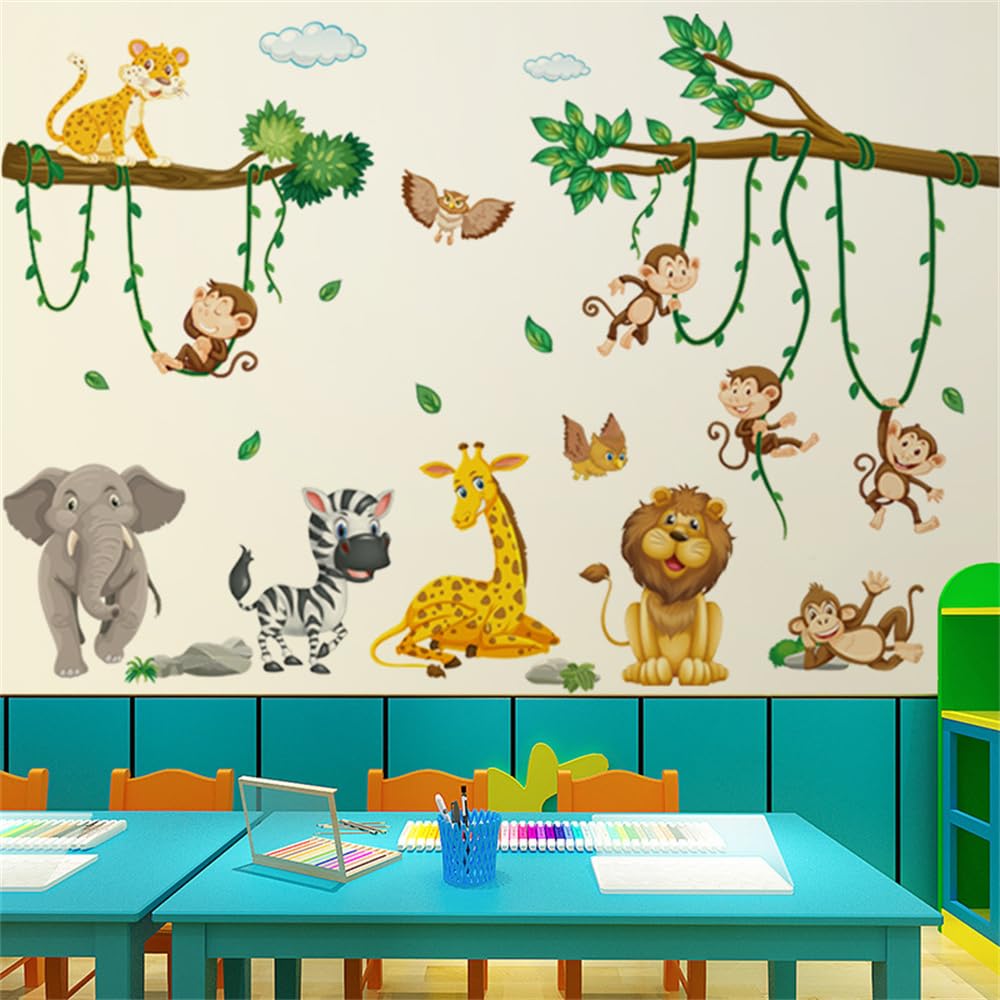 Cartoon Jungle Animal Wall Decals Set - Elephant Lion Giraffe Monkey Stickers For Kids Room - View #5