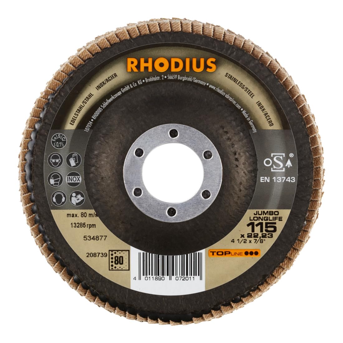 RHODIUS TOPline JUMBO LONGLIFE EXTENDED Fächerschleifscheibe 115 x 22,23 mm K80 10 Stk