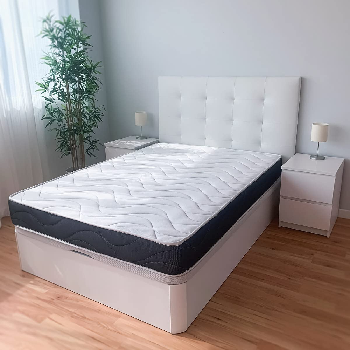 Somnia Descanso - Pack Colchón Viscoelástico Bombay Reversible + Canapé Madera Abatible Gran Capacidad | Color Polar 105 x 200