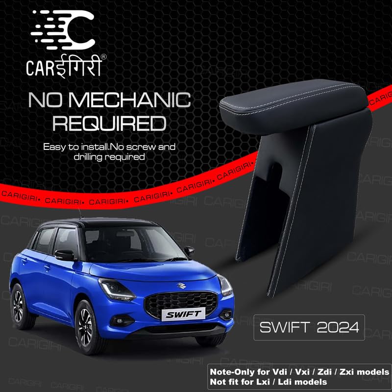 Image of Carigiri Premium Finish Car Armrest with Storage Box And High Density Moulded Foam For Maruti Suzuki Swift (Models-2024,2025)(ONLY FOR ZXI,ZDI /ZXI+ MODELS) (White Seam,Nappa Leatherette)